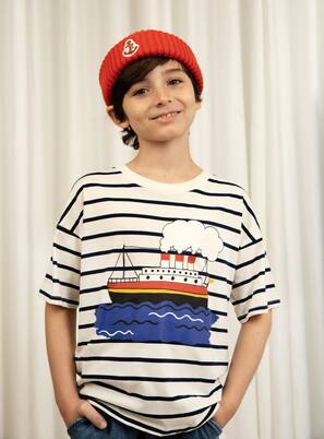 Camiseta de algodón a rayas estampada | Mini Rodini