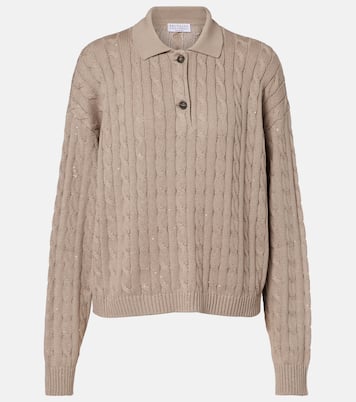 بلوفر بولو من القطن المخلوط بحبكة الضفيرة | Brunello Cucinelli