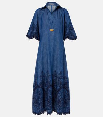 thumbnail image 2 of Doorwaytofashion Women's Corset Denim Maxi Dress – Embroidered, Smocked Back, Lace-Up Tie Back, Sizes 10-24, Blue 2 of 5