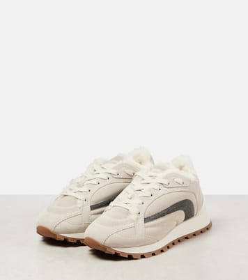 Sneakers in suede con shearling e monili | Brunello Cucinelli