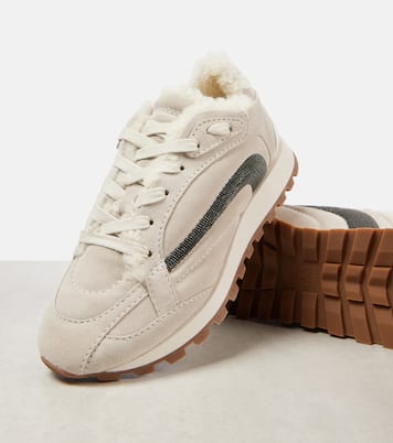 Sneakers in suede con shearling e monili | Brunello Cucinelli