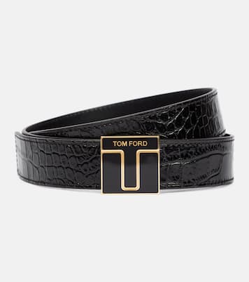 Logo croc-effect patent leather belt | Tom Ford