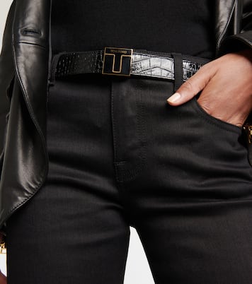 Logo croc-effect patent leather belt | Tom Ford
