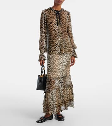 Leopard-print ruffled chiffon maxi skirt | Ganni