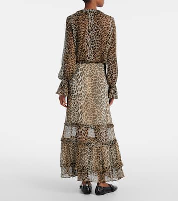 Leopard-print ruffled chiffon maxi skirt | Ganni