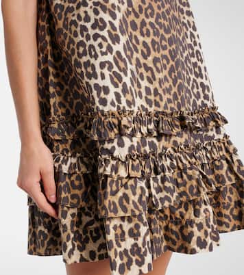 Leopard-print ruffled cotton poplin minidress | Ganni