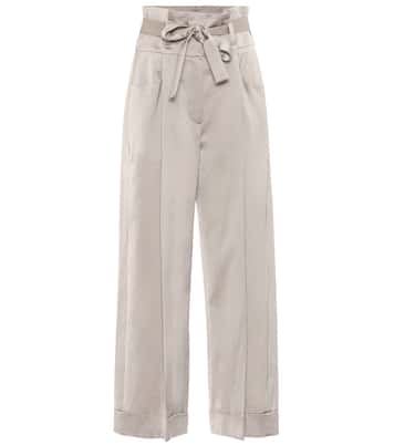Pantalon paper bag ample en satin de coton mélangé | Brunello Cucinelli