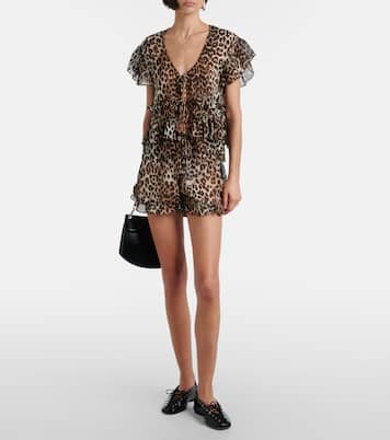 Leopard-print ruffled chiffon shorts | Ganni