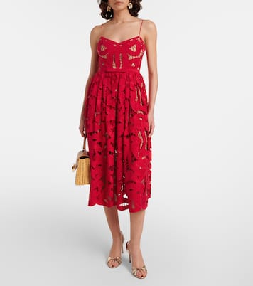 Bow lace linen and cotton midi dress | Self-Portrait
