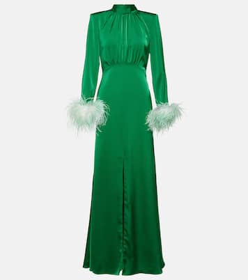 Feather-trimmed satin gown | Self-Portrait