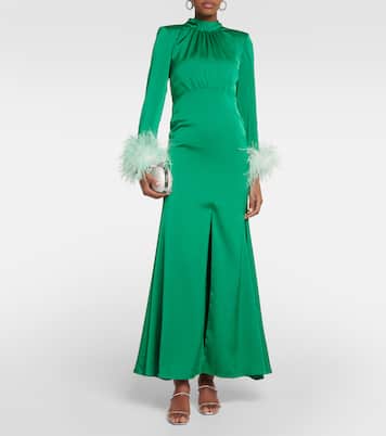 Feather-trimmed satin gown | Self-Portrait