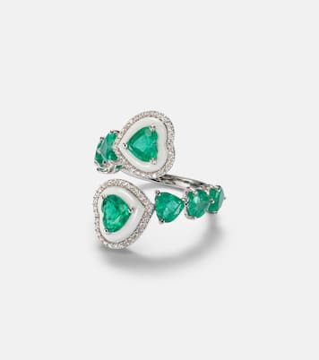 Heart 18kt white gold and enamel ring with emeralds and diamonds | Kamyen