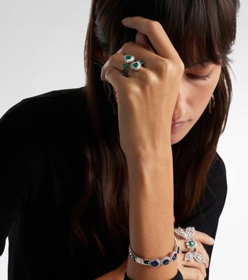 Heart 18kt white gold and enamel ring with emeralds and diamonds | Kamyen