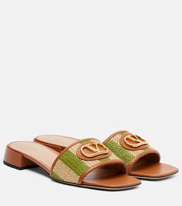 VLogo leather-trimmed raffia slides | Valentino Garavani