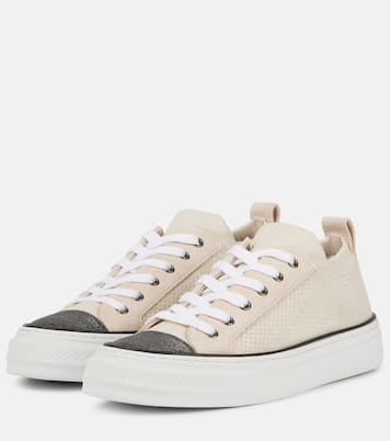 Monili suede-trimmed low-top sneakers | Brunello Cucinelli