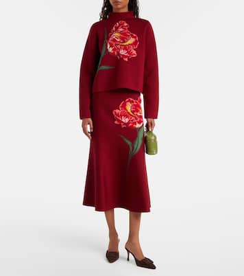 Falda midi de lana y algodón en jacquard floral | Carolina Herrera