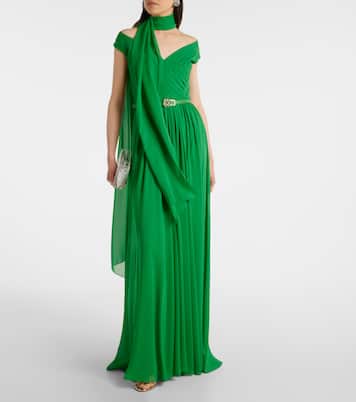 Abito lungo in seta con scollo bardot | Elie Saab