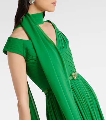 Abito lungo in seta con scollo bardot | Elie Saab