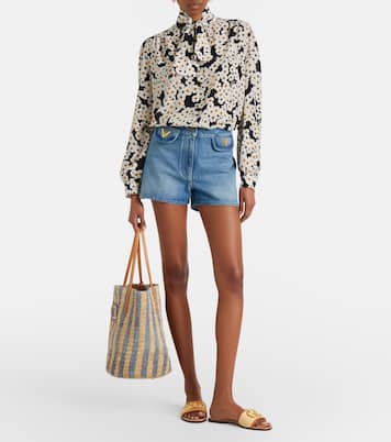 VLogo leather-trimmed raffia slides | Valentino Garavani