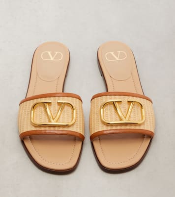 VLogo leather-trimmed raffia slides | Valentino Garavani