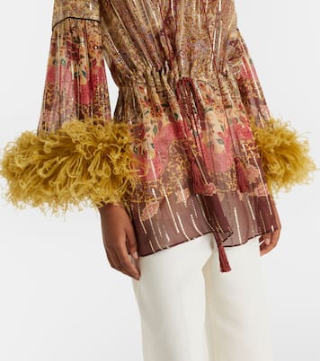 Paisley feather-trimmed silk-blend blouse | Valentino