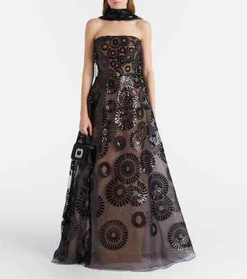 围巾细节亮片薄纱长礼服 | Elie Saab