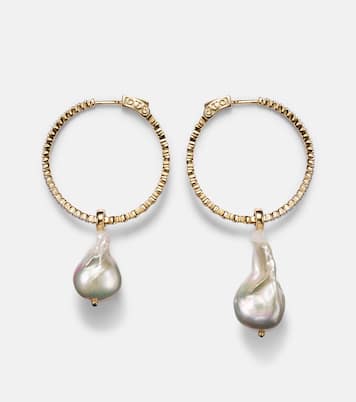 14kt gold hoop earrings with Baroque pearls and diamonds | Mateo