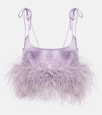 Top cropped in raso di misto seta con piume | Miu Miu