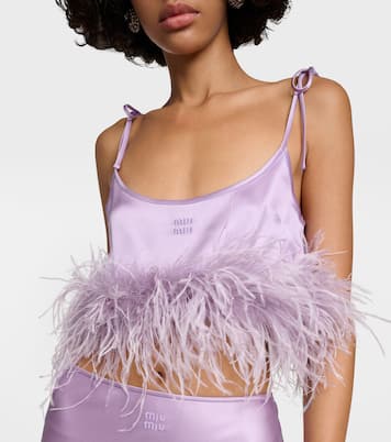 Top cropped in raso di misto seta con piume | Miu Miu