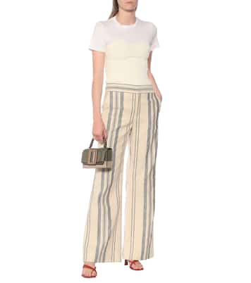 Pantalon évasé rayé en coton et lin à taille haute | Monse