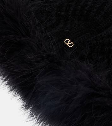 VLogo feather-trimmed virgin wool beanie | Valentino