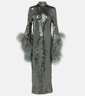 Vestido midi Del Rio de lentejuelas con plumas | Taller Marmo