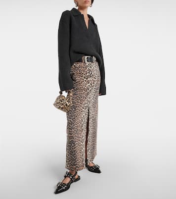 Leopard-print denim maxi skirt | Ganni