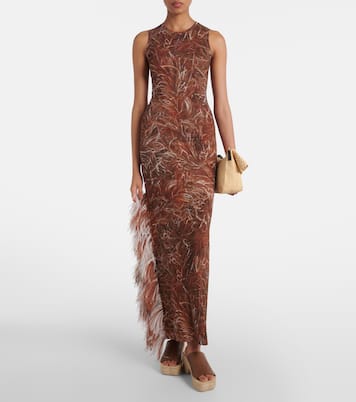 Abito lungo con stampa e piume | Loewe