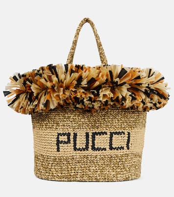 Logo fringe-trimmed raffia tote bag | Pucci