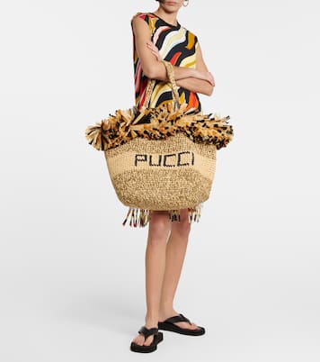 Logo fringe-trimmed raffia tote bag | Pucci