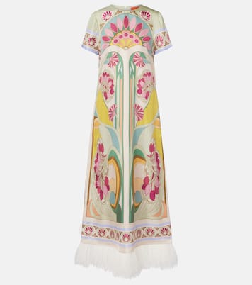 Swing feather-trimmed silk twill maxi dress | La DoubleJ