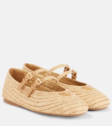 Logo raffia-effect Mary Jane flats | Prada