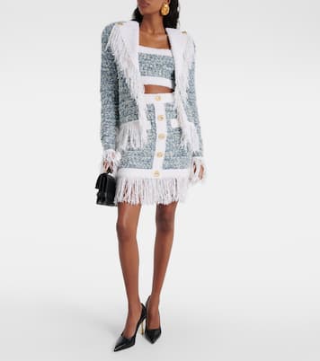 Chaqueta de tweed de denim con flecos | Balmain