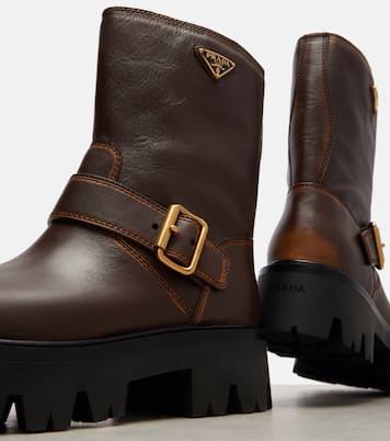 Logo leather biker boots | Prada