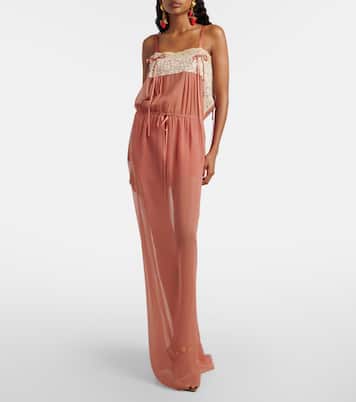 Lace-trimmed silk crêpe muslin maxi dress | Saint Laurent