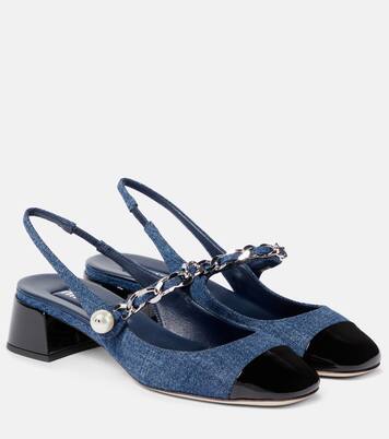 Pumps slingback in vernice e denim | Miu Miu