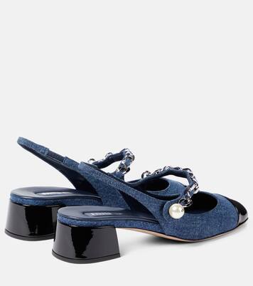 Pumps slingback in vernice e denim | Miu Miu
