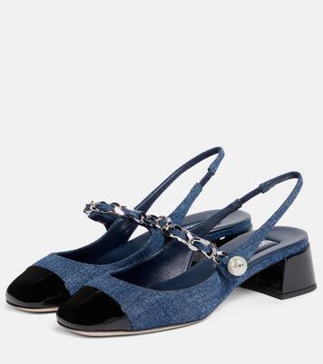 Pumps slingback in vernice e denim | Miu Miu