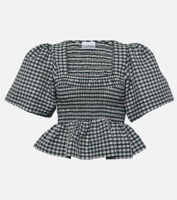 Top in seersucker a quadri con peplum | Ganni