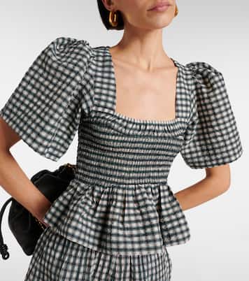 Top in seersucker a quadri con peplum | Ganni