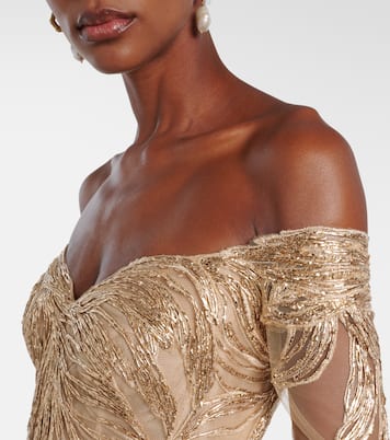 Robe longue brodée en tulle à encolure bardot  | Monique Lhuillier