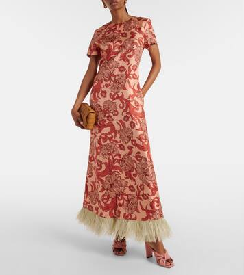 Maxikleid Swing aus Seiden-Twill mit Federn | La DoubleJ