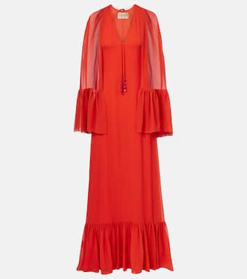 Vestido largo de georgette de seda con capa | Valentino