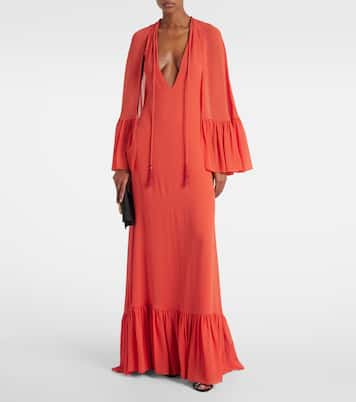 Vestido largo de georgette de seda con capa | Valentino